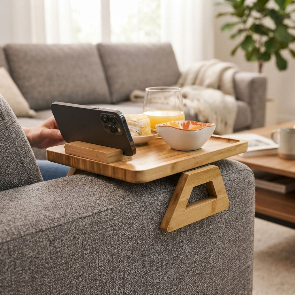 Bamboo Sofa Arm Tray with Rotating Phone Holder-1