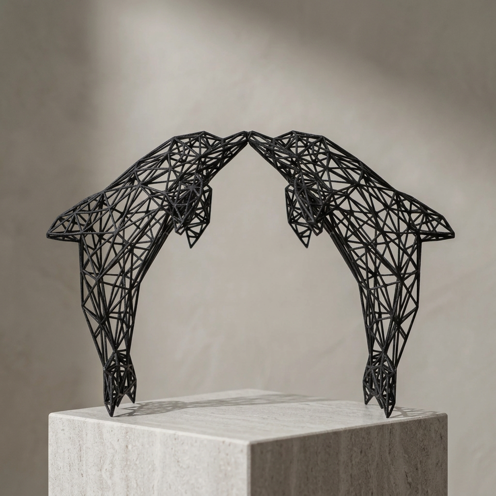 Sculpture de dauphins noirs en ambiance galerie
