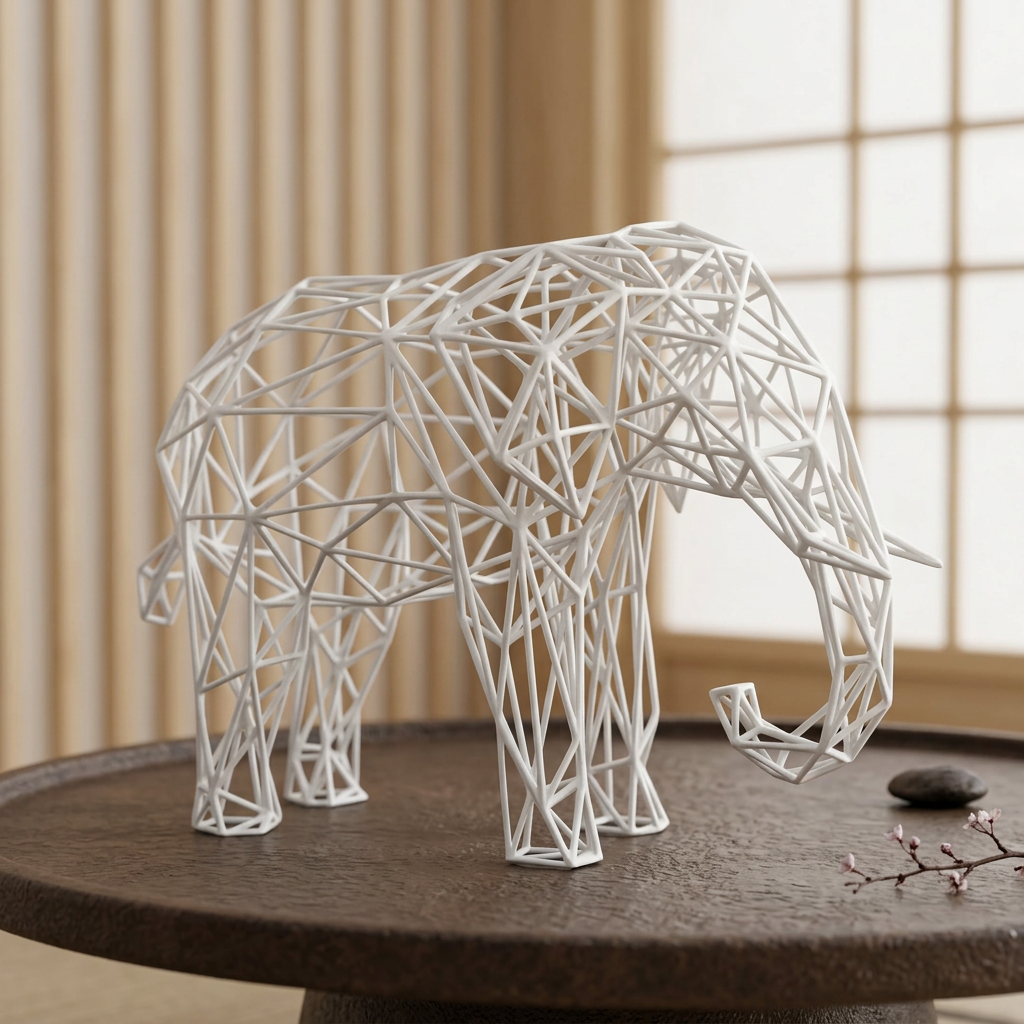 Sculpture d’éléphant blanc dans un intérieur d’inspiration japonaise