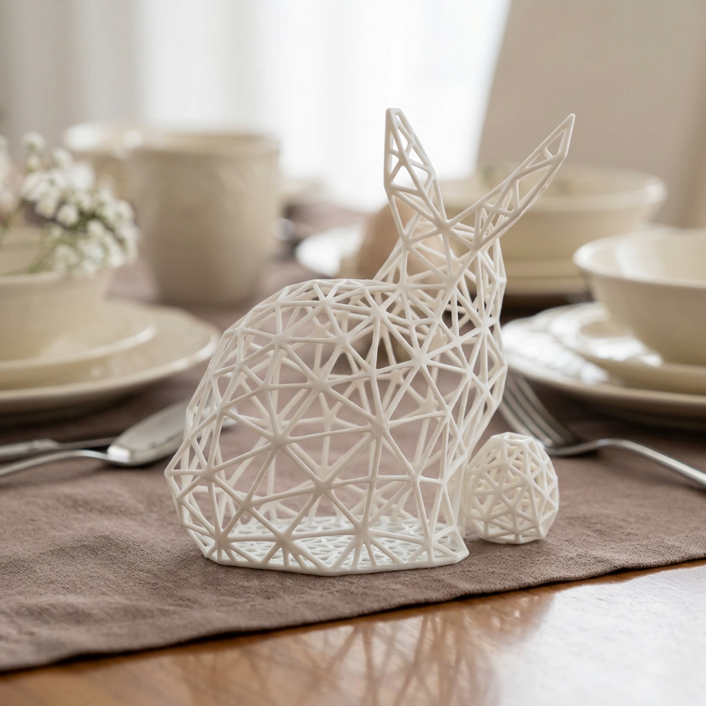 Sculpture de lapin blanc sur une table en lin