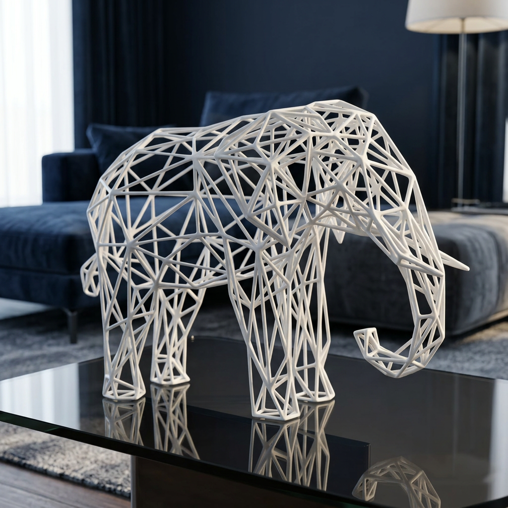 Sculpture d’éléphant blanc dans un salon bleu profond