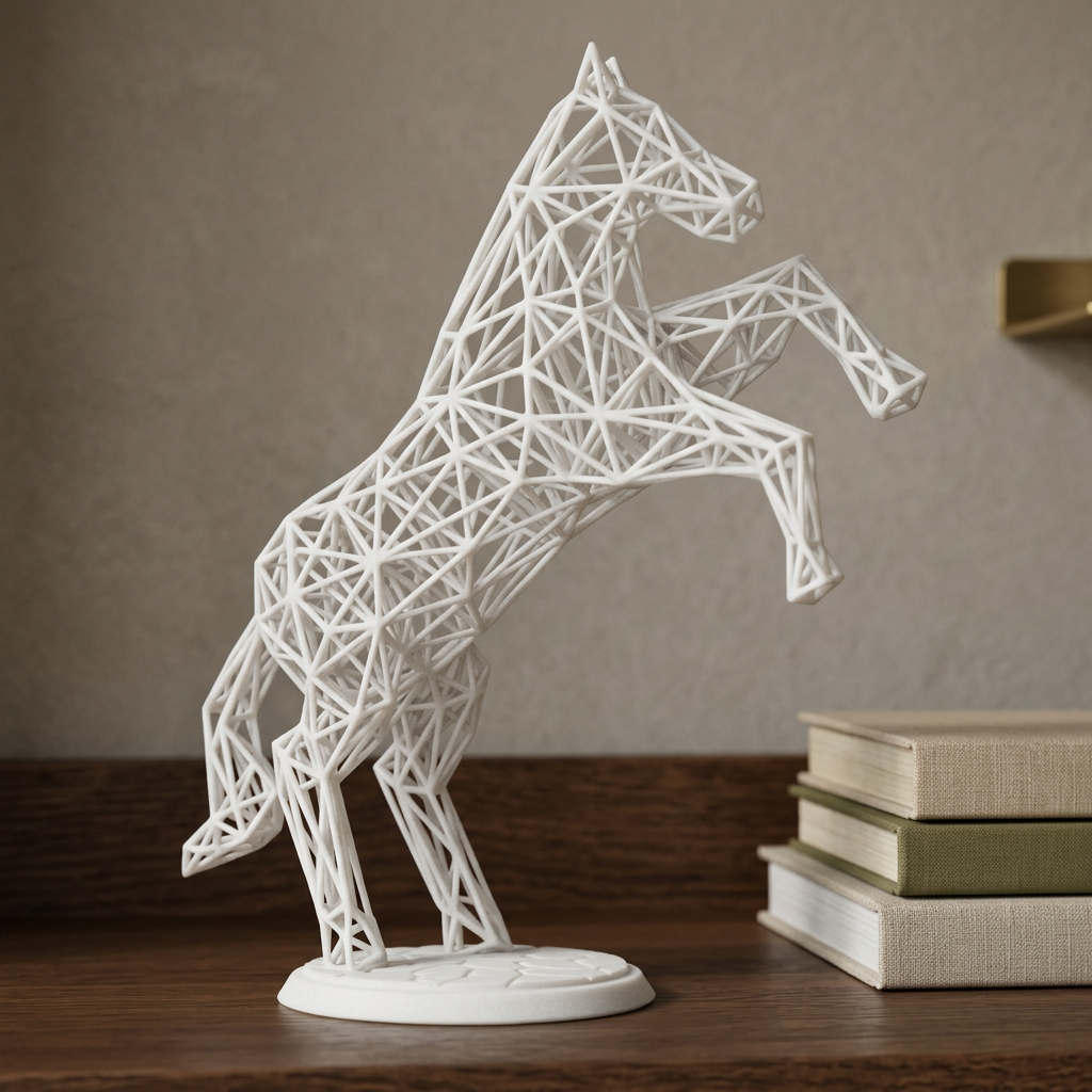Sculpture de cheval blanc dans une bibliothèque élégante