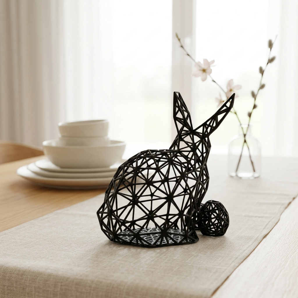 Sculpture de lapin noir sur une table en lin