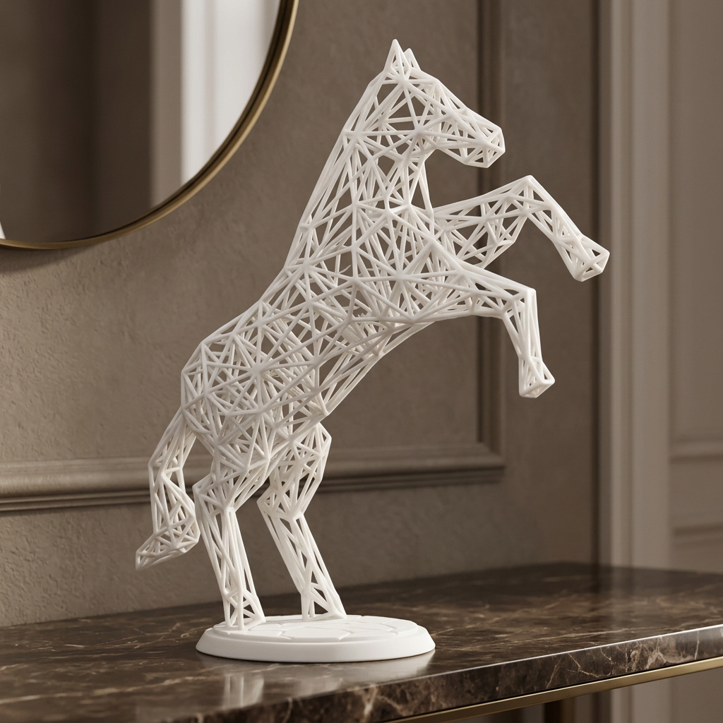 Sculpture de cheval blanc sur console en marbre brun