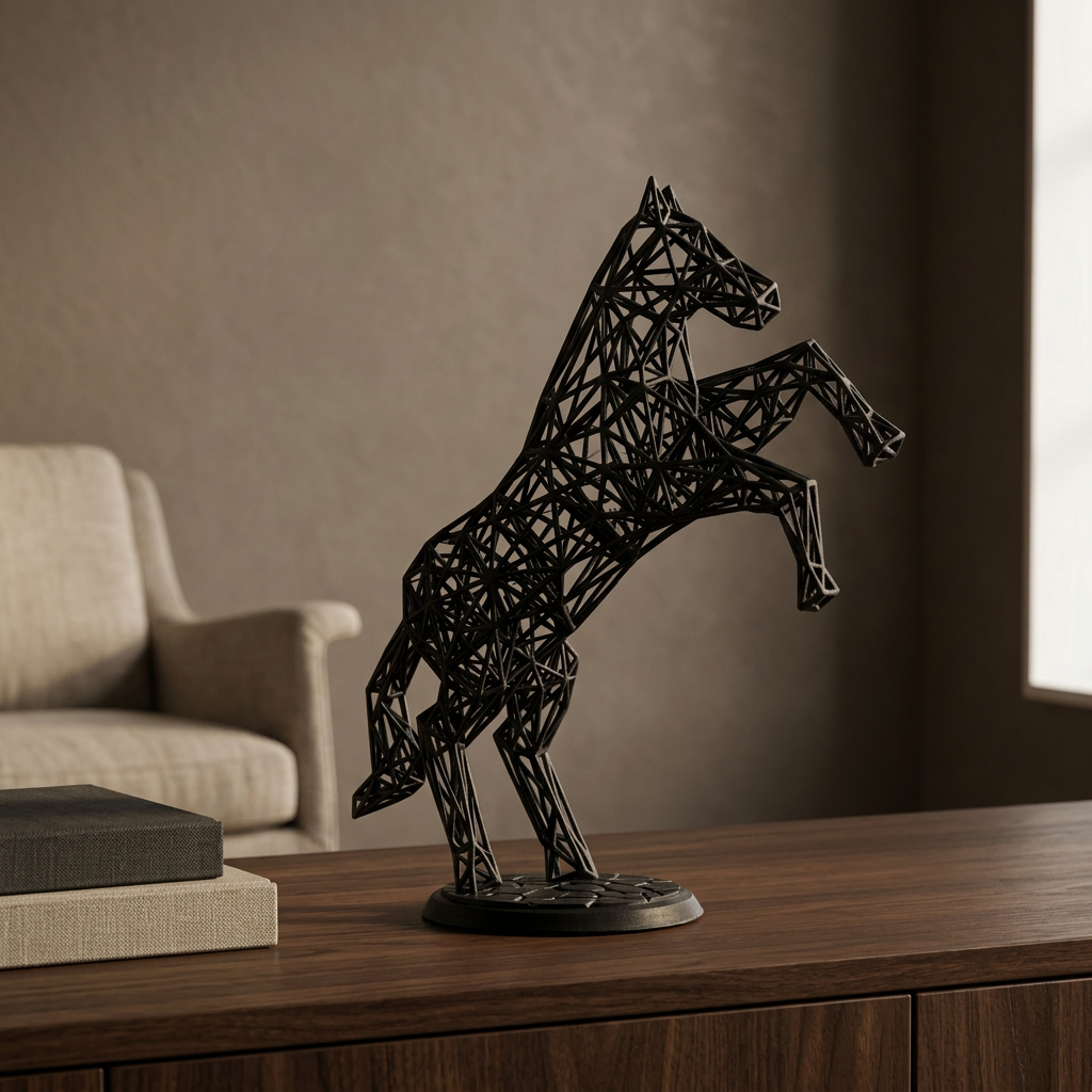 Sculpture de cheval noir dans un salon raffiné
