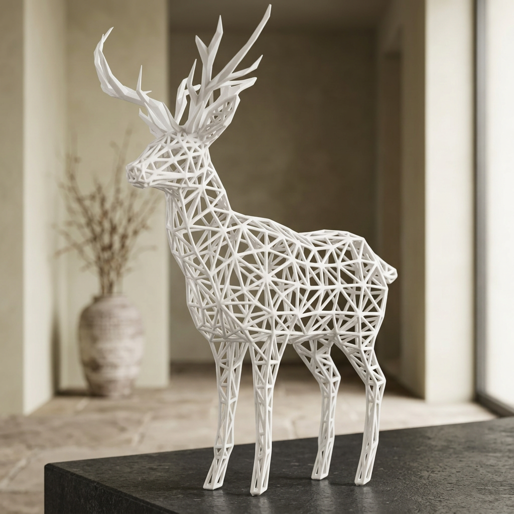 Sculpture de cerf blanc sur pierre sombre