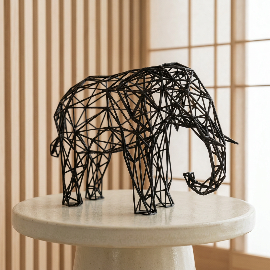 Sculpture d’éléphant noir dans un intérieur aux panneaux de bois clair
