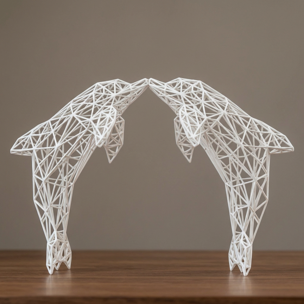Sculpture de deux dauphins blancs sur noyer