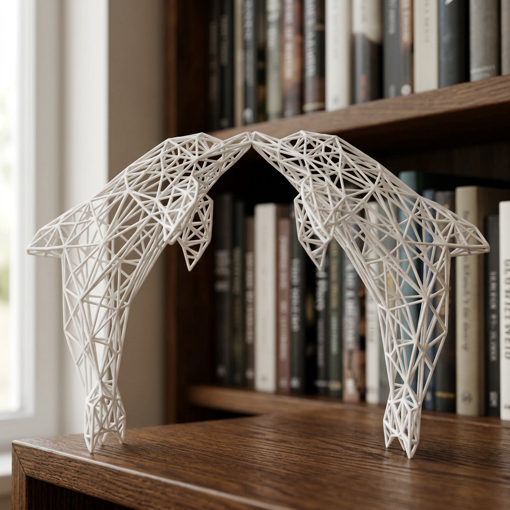 Sculpture de dauphins blancs dans une bibliothèque