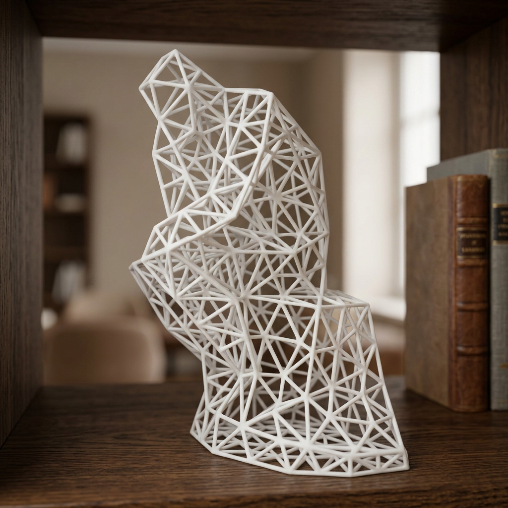 Sculpture Le Penseur blanche dans une bibliothèque