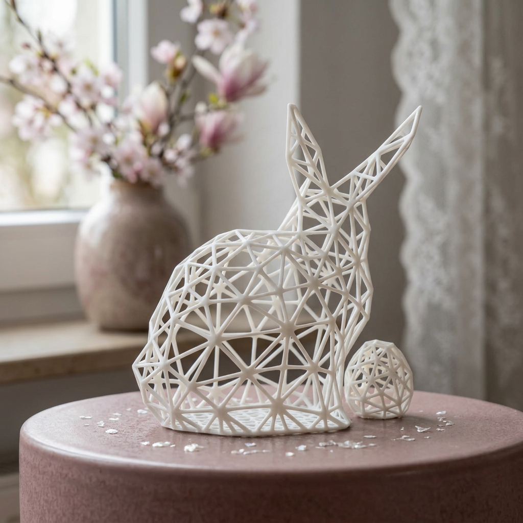 Sculpture de lapin blanc près d’une fenêtre fleurie