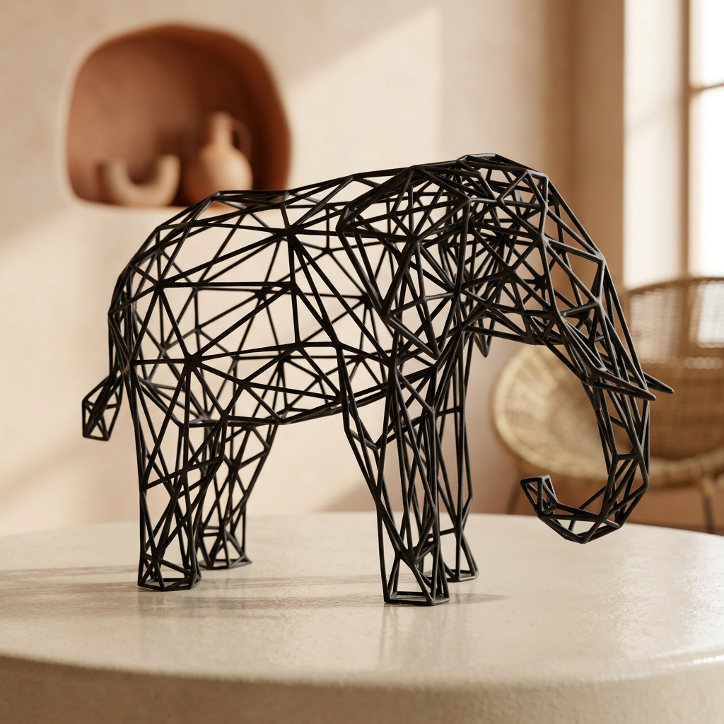 Sculpture d’éléphant noir dans un intérieur aux murs d’argile