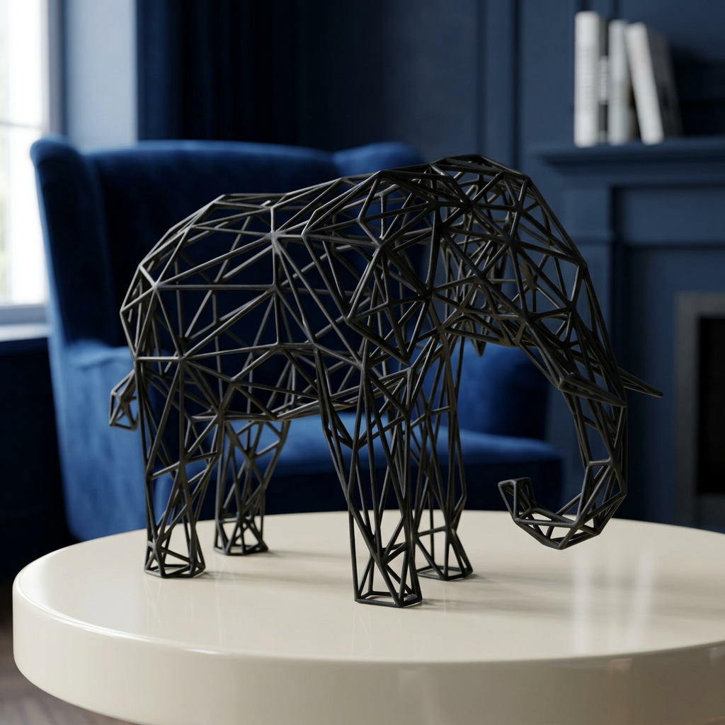 Sculpture d’éléphant noir dans un salon bleu profond