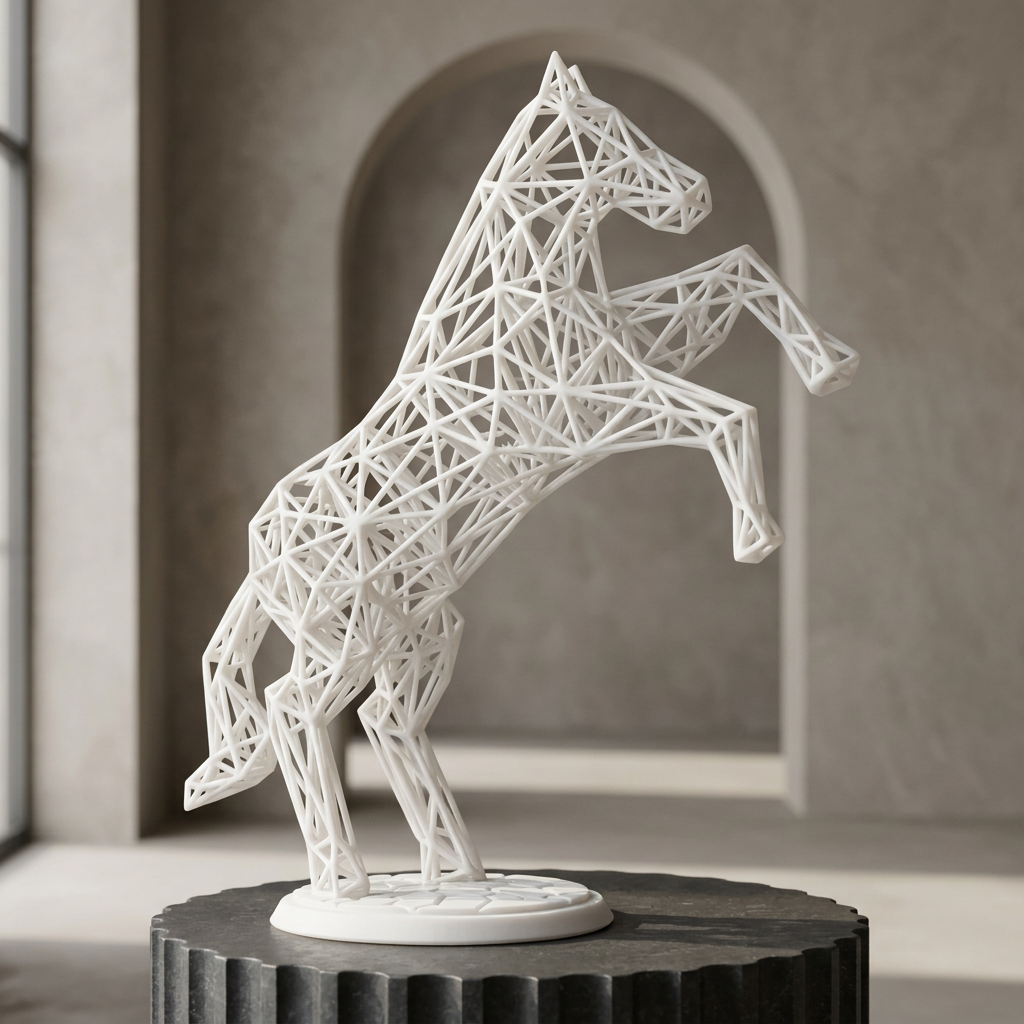 Sculpture de cheval blanc sur socle en pierre sombre