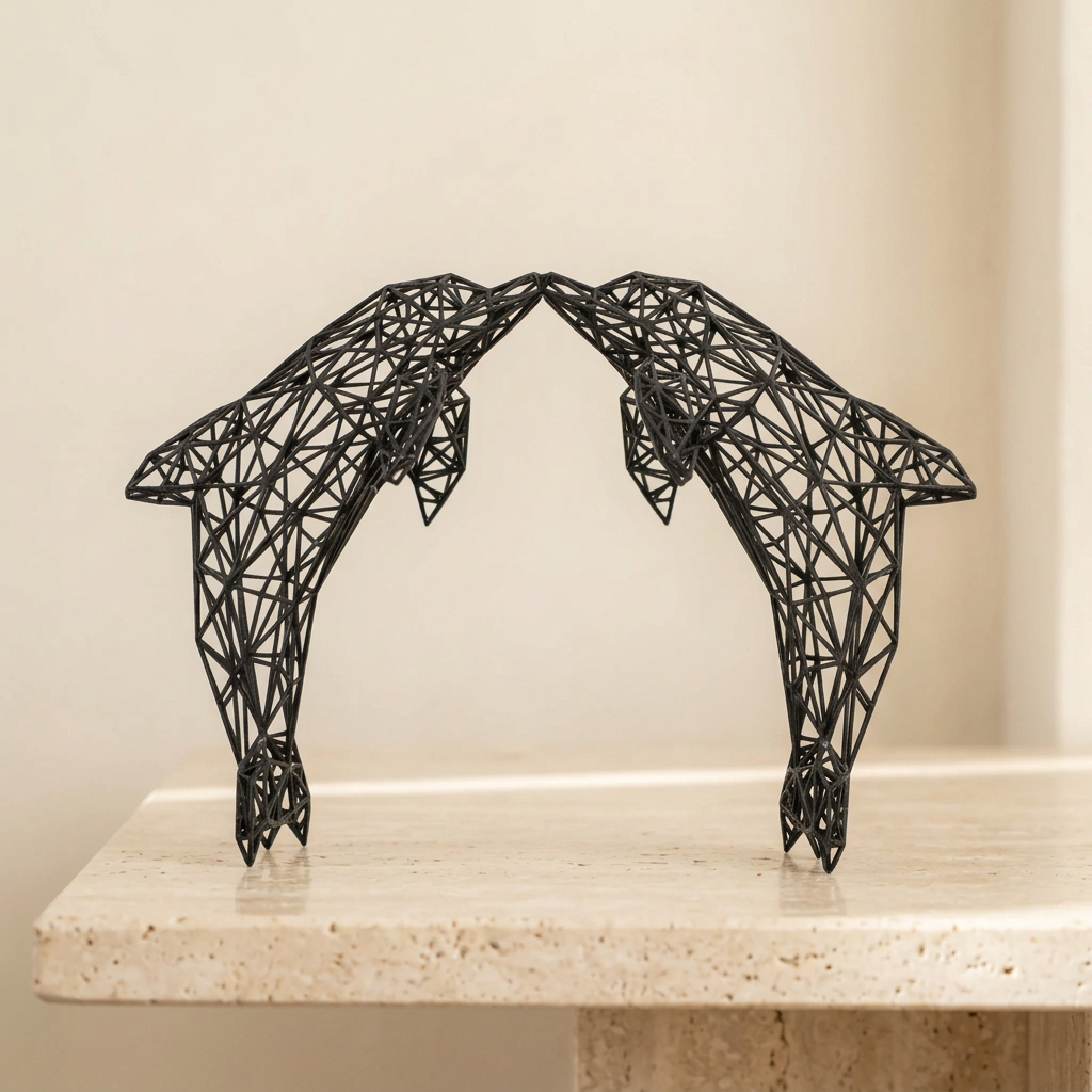 Sculpture de deux dauphins noirs sur travertin