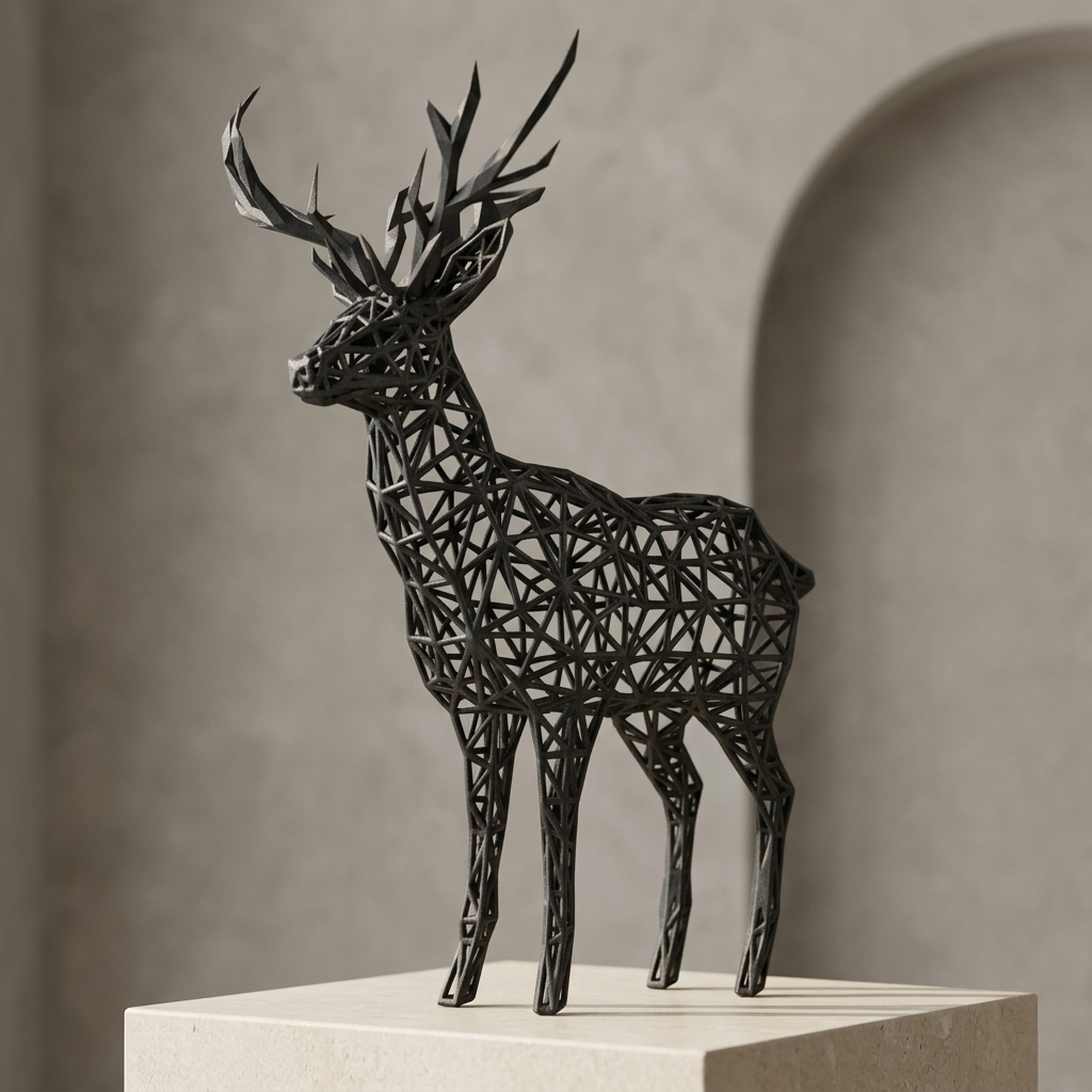 Sculpture de cerf noir dans une ambiance galerie